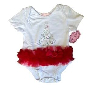 Popatu Christmas White Red Green Tutu Bow Ruffle Tree Bodysuit  18M NWT